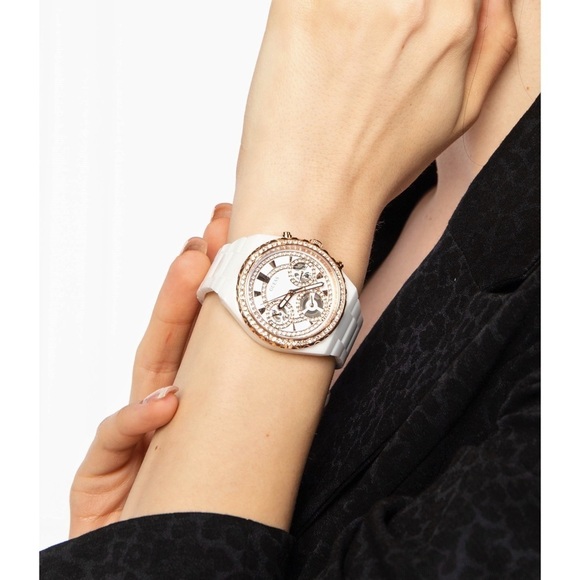 New GUESS Rose Gold-Tone and White Ceramic Multifunction Watch